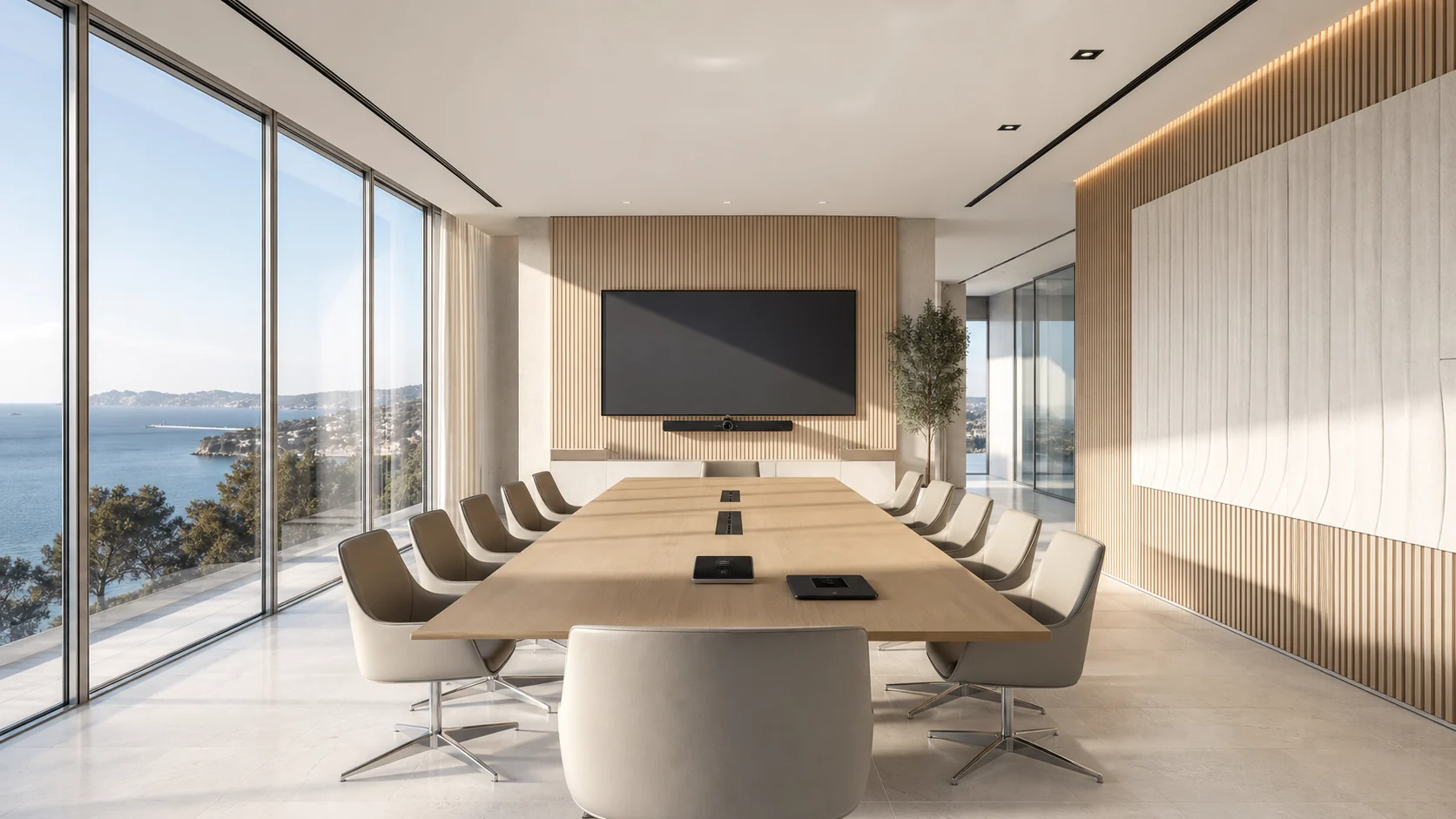 Meeting room equipped for videoconferencing and Microsoft Teams Rooms